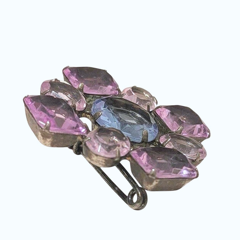 Antique Sterling Silver Arts & Crafts Aqua & Purple Paste Stone Glass Brooch Pin - Picture 3 of 5
